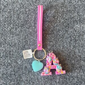 Claire's Pink Unicorn Initial Key Holder with Blue Heart Charm